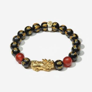 Year of the Fire Horse Wealth Bracelet - Black Obsidian Red Agate Pixiu Bracelet - Professional Photo