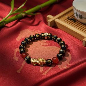 Year of the Fire Horse Wealth Bracelet - Black Obsidian Red Agate Pixiu Bracelet - Professional Photo