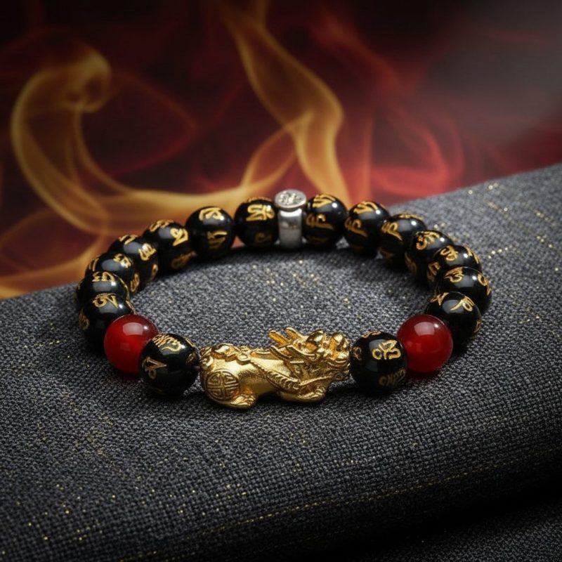 Year of the Fire Horse Wealth Bracelet - Black Obsidian Red Agate Pixiu Bracelet - Professional Photo