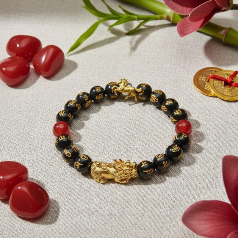 Year of the Fire Horse Wealth Bracelet - Black Obsidian Red Agate Pixiu Bracelet - Professional Photo