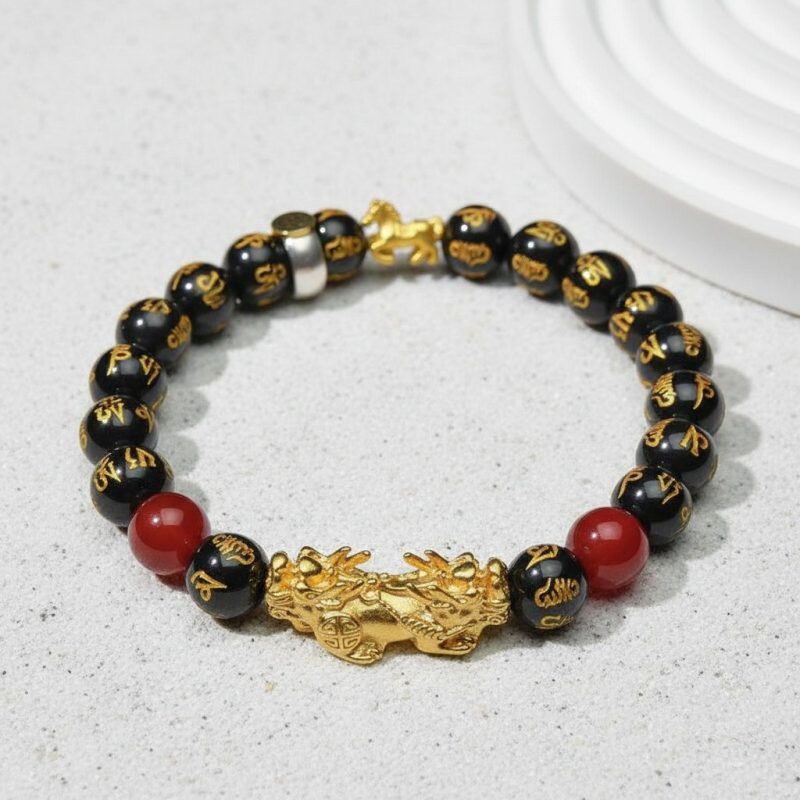 Year of the Fire Horse Wealth Bracelet - Black Obsidian Red Agate Pixiu Bracelet - Professional Photo