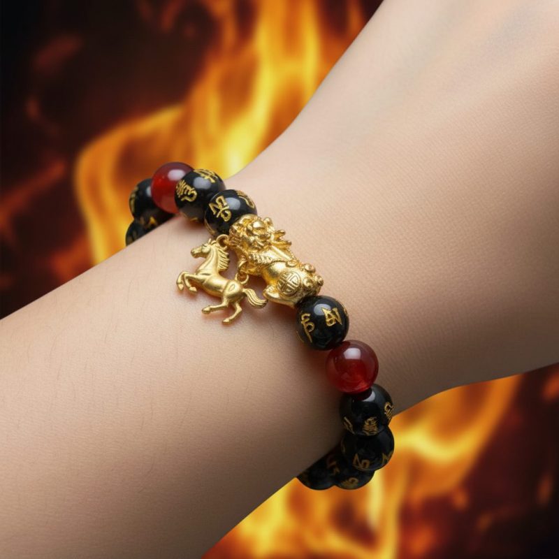 Year of the Fire Horse Wealth Bracelet - Black Obsidian Red Agate Pixiu Bracelet - Professional Photo