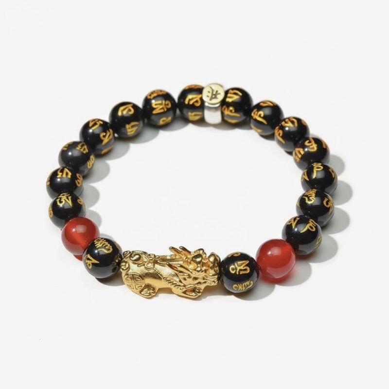 Year of the Fire Horse Wealth Bracelet - Black Obsidian Red Agate Pixiu Bracelet - Professional Photo