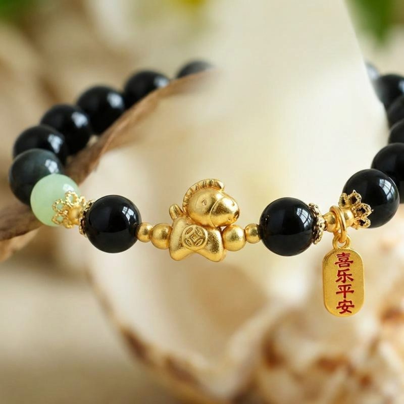 Year of the Fire Horse Bracelet - Black Obsidian, Red Agate - Professional Photo