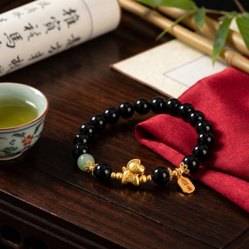 Year of the Fire Horse Bracelet - Black Obsidian, Red Agate - Professional Photo