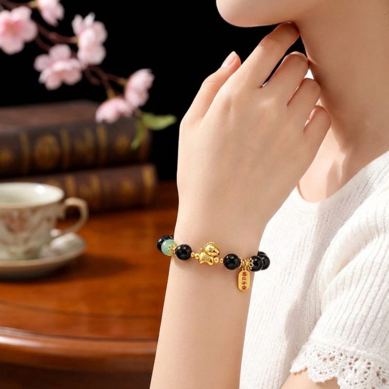 Year of the Fire Horse Bracelet - Black Obsidian, Red Agate - Professional Photo